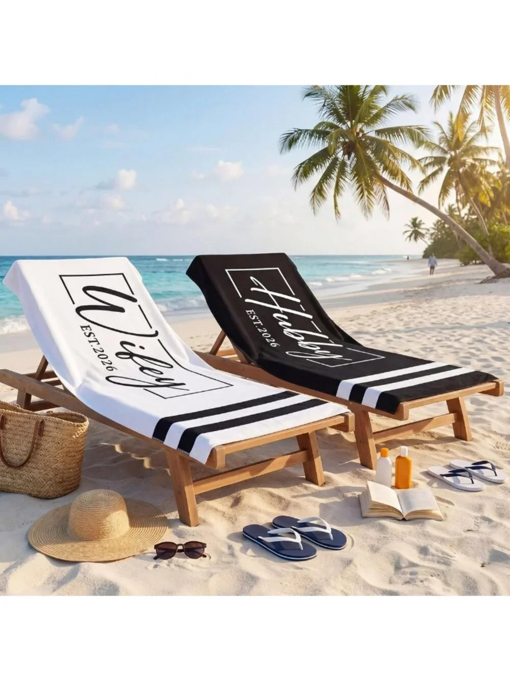 Set of 2 Wifey Hubby Beach Towels - Classic Mr & Mrs Design for Summer Fun